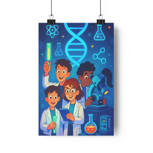 Poster scientifique jeunes chercheurs blouse blanche ampoule verte tube labo microscope tablette numérique fond bleu nuit symboles adn atomes bouteilles