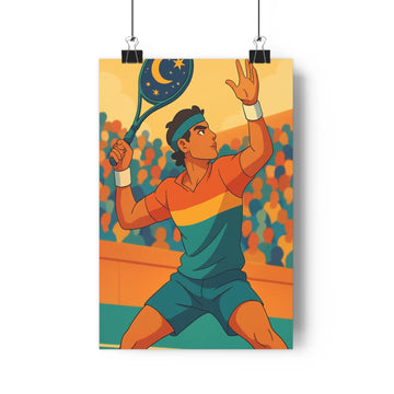 Poster joueur tennis vibrant raquette lune spectateurs moderne géométrique couleurs chaudes ambiance sportive chambre salon