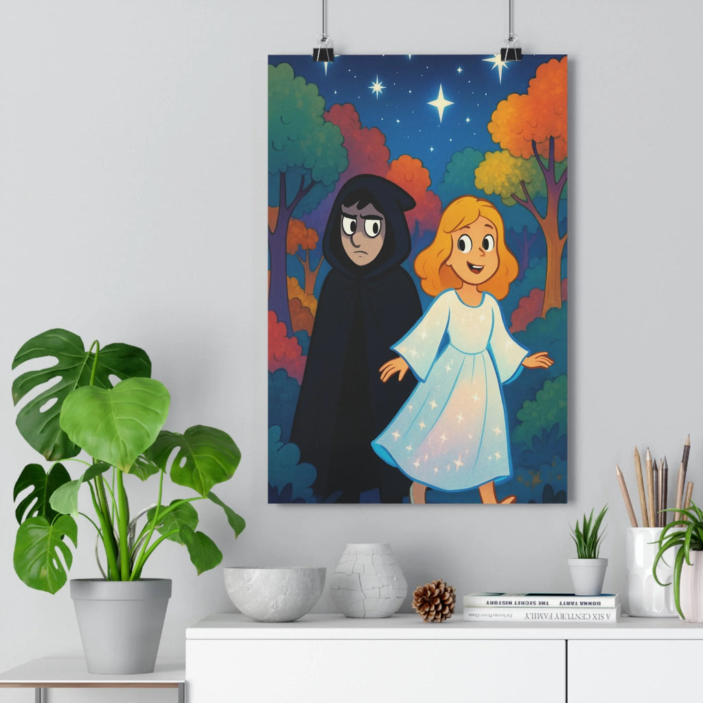 Poster décoratif cartoon rouge orange vert mystique forêt chambre salon ambiance magique personnage contrasté