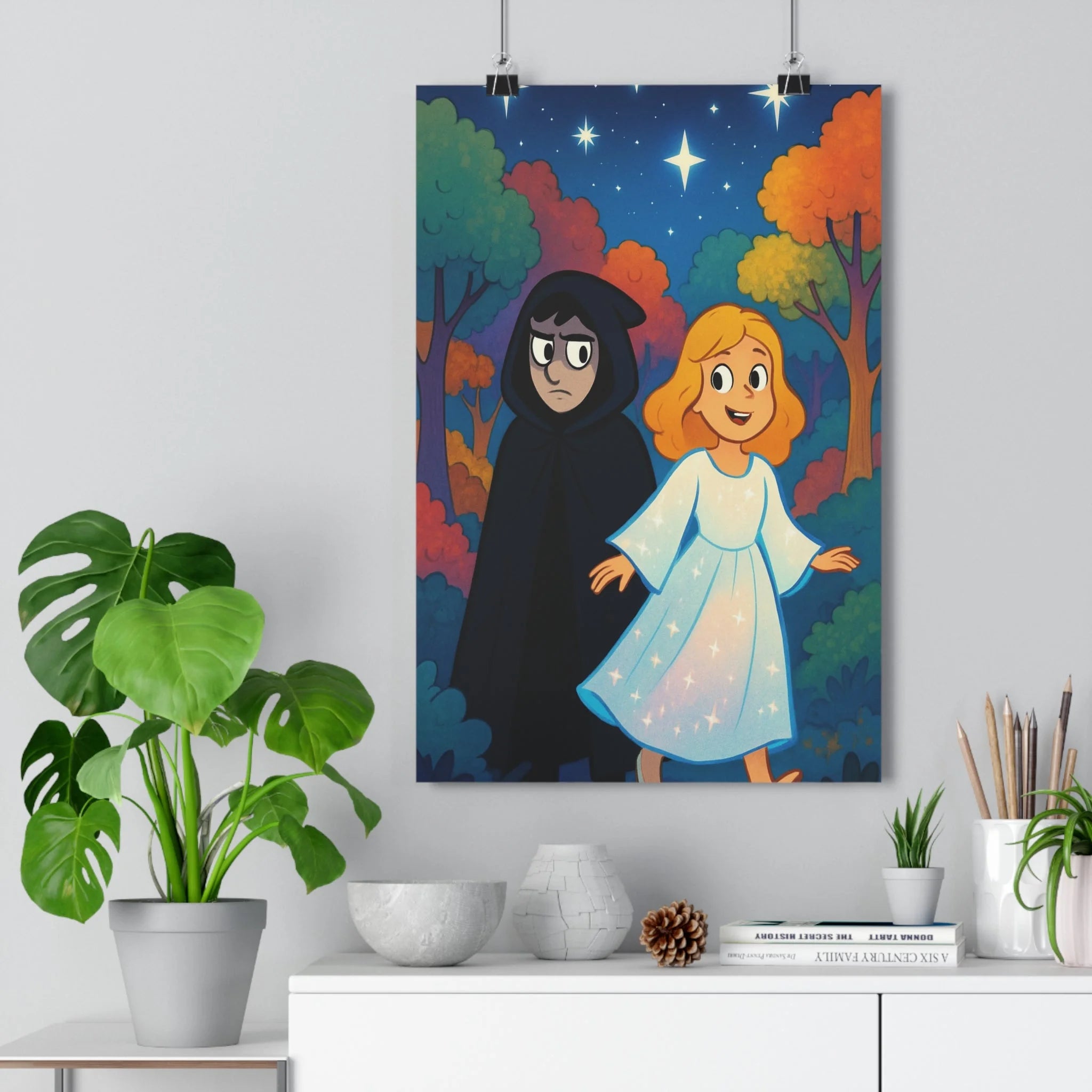 Poster décoratif cartoon rouge orange vert mystique forêt chambre salon ambiance magique personnage contrasté