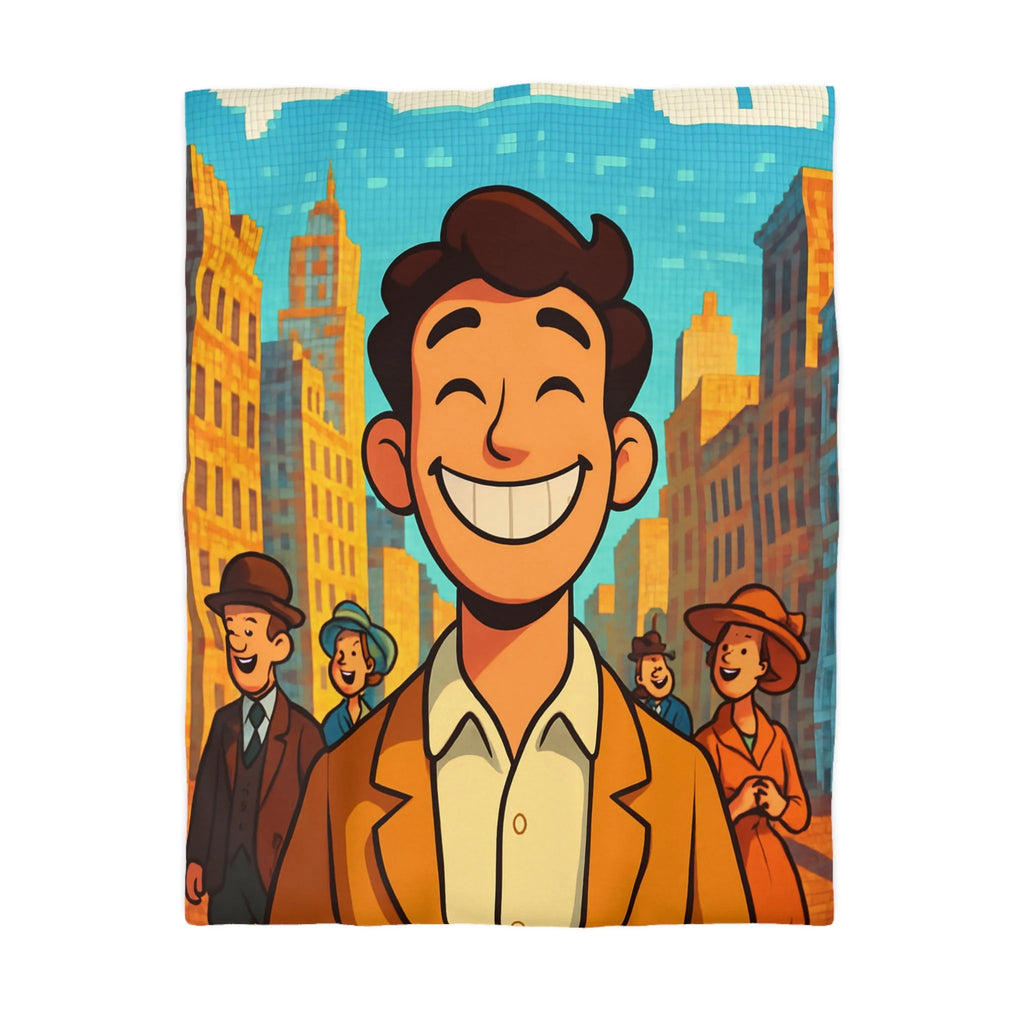 Housse de couette vintage avec personnages souriants et architecture urbaine en arrière-plan