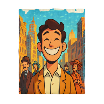 Housse de couette vintage avec personnages souriants et architecture urbaine en arrière-plan