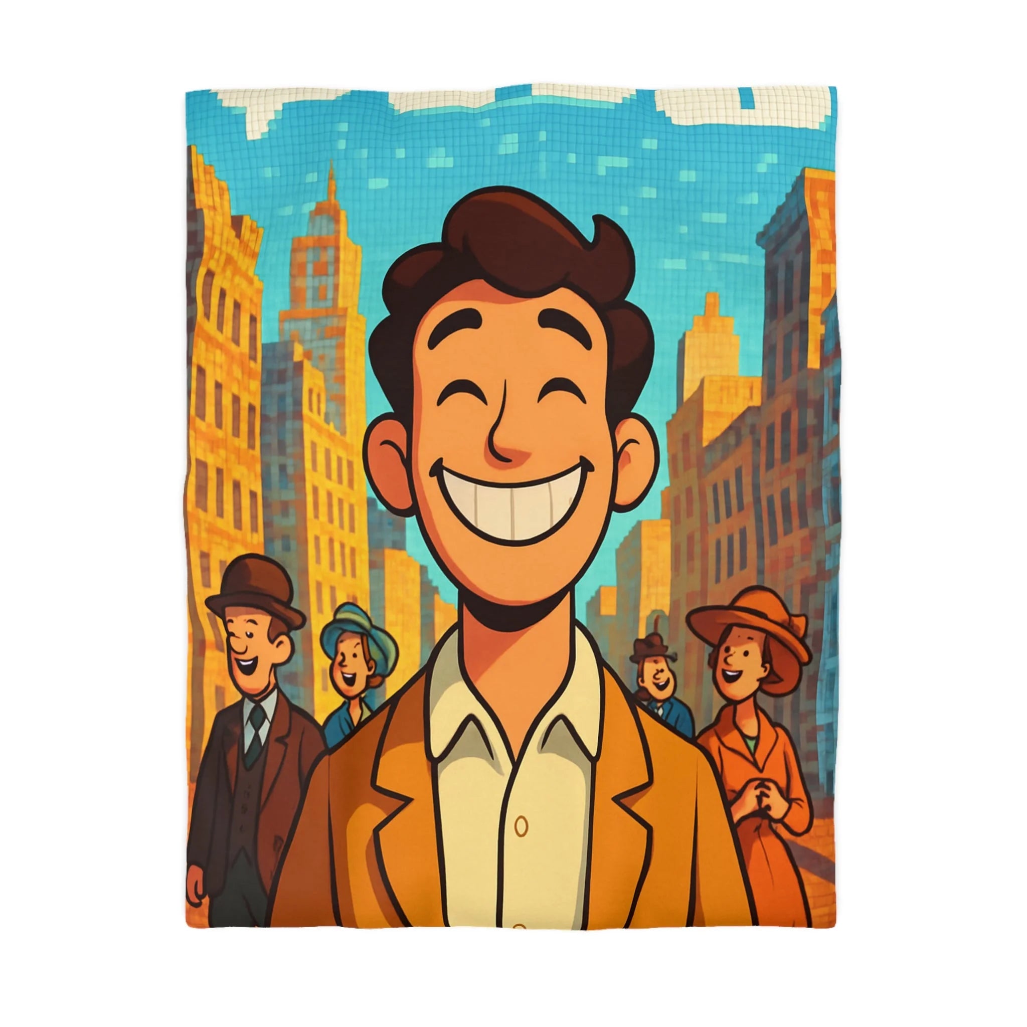 Housse de couette vintage avec personnages souriants et architecture urbaine en arrière-plan