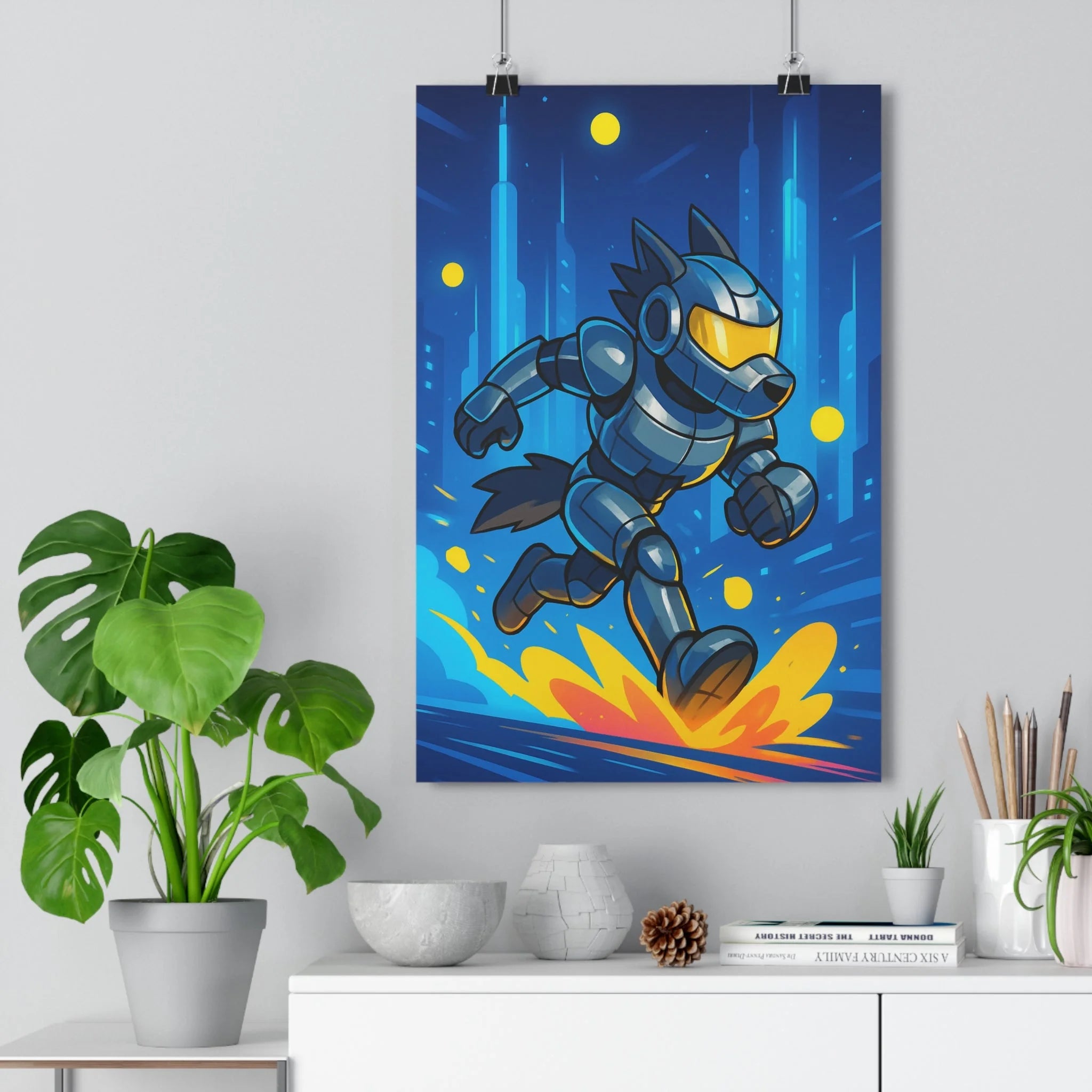 Poster décoratif sciencefiction robotisé bleu jaune futuriste urbain dynamique chambre enfant art moderne qualité