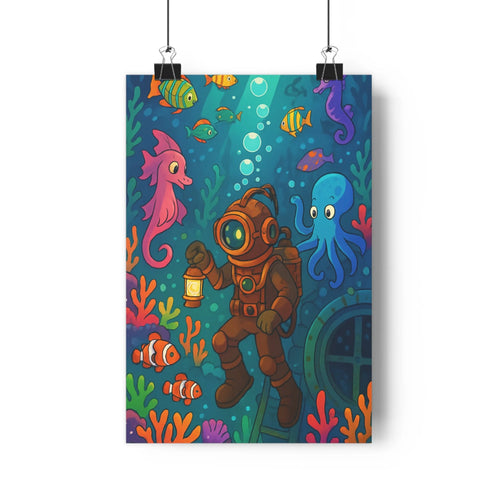 Poster sous-marin plongeur poissons hippocampe octopus coraux bulles air porte cartoon enfantin bleu vert marron rose joyeux exploration chambre enfants