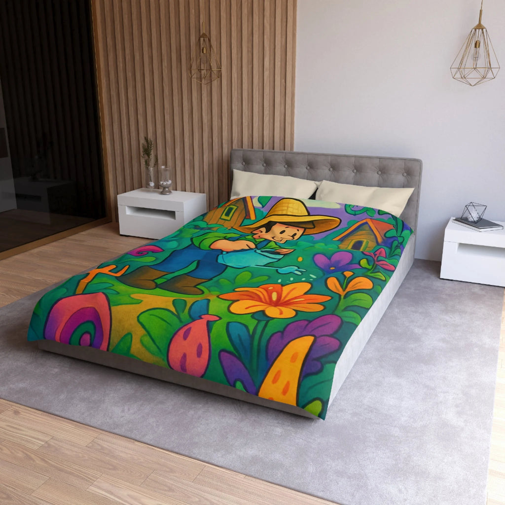 Housse de couette vibrant jardin dessin animé, thème jardinier, ambiance colorée et ludique