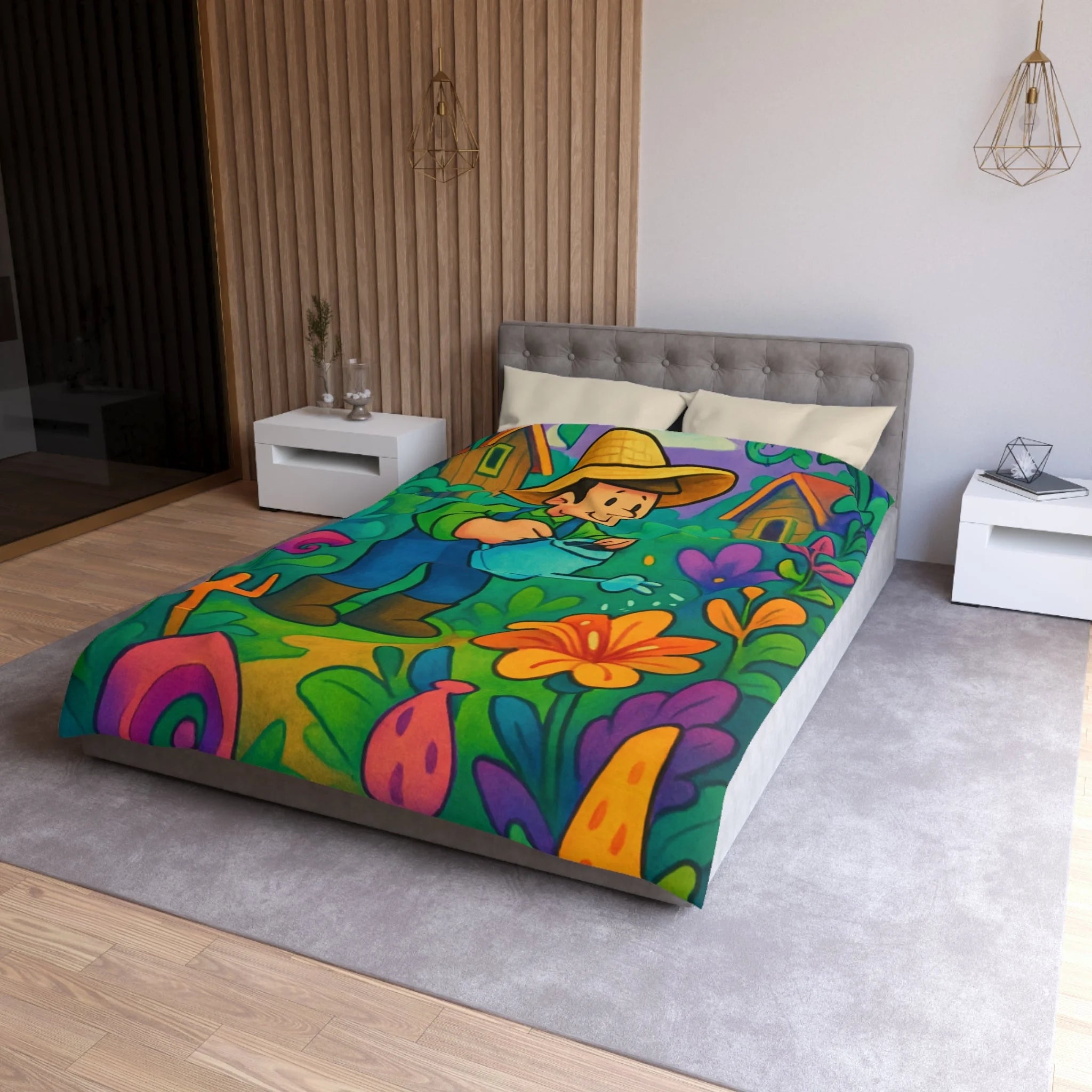 Housse de couette vibrant jardin dessin animé, thème jardinier, ambiance colorée et ludique