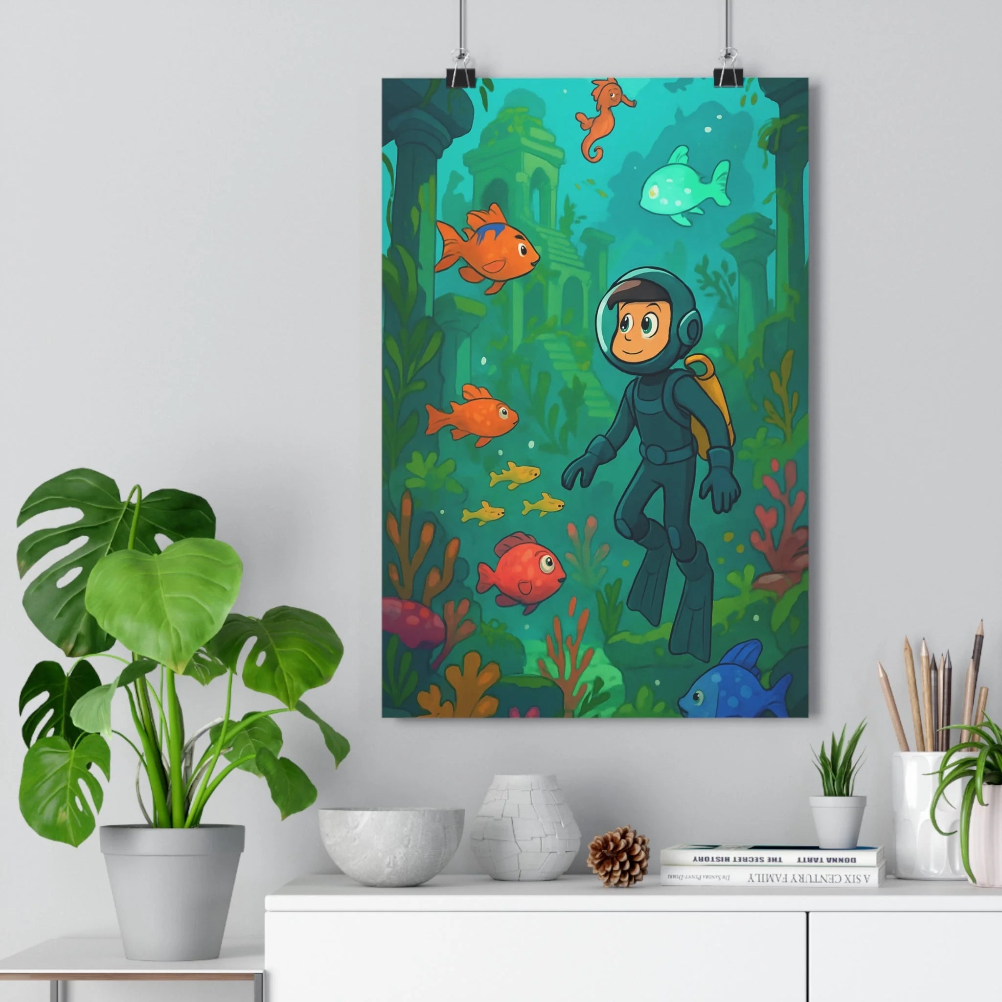 Poster décoratif rétrofuturiste cartoon bleu vert orange aventure joyeux salon chambre bureau 30x46 plongeur
