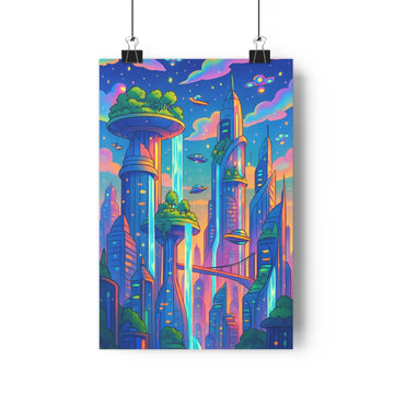 Poster urbain futuriste plantes luxuriante nuages colorés étoiles planètes ciel nocturne bleu rose vert violet graphique vibrant utopique salon chambre