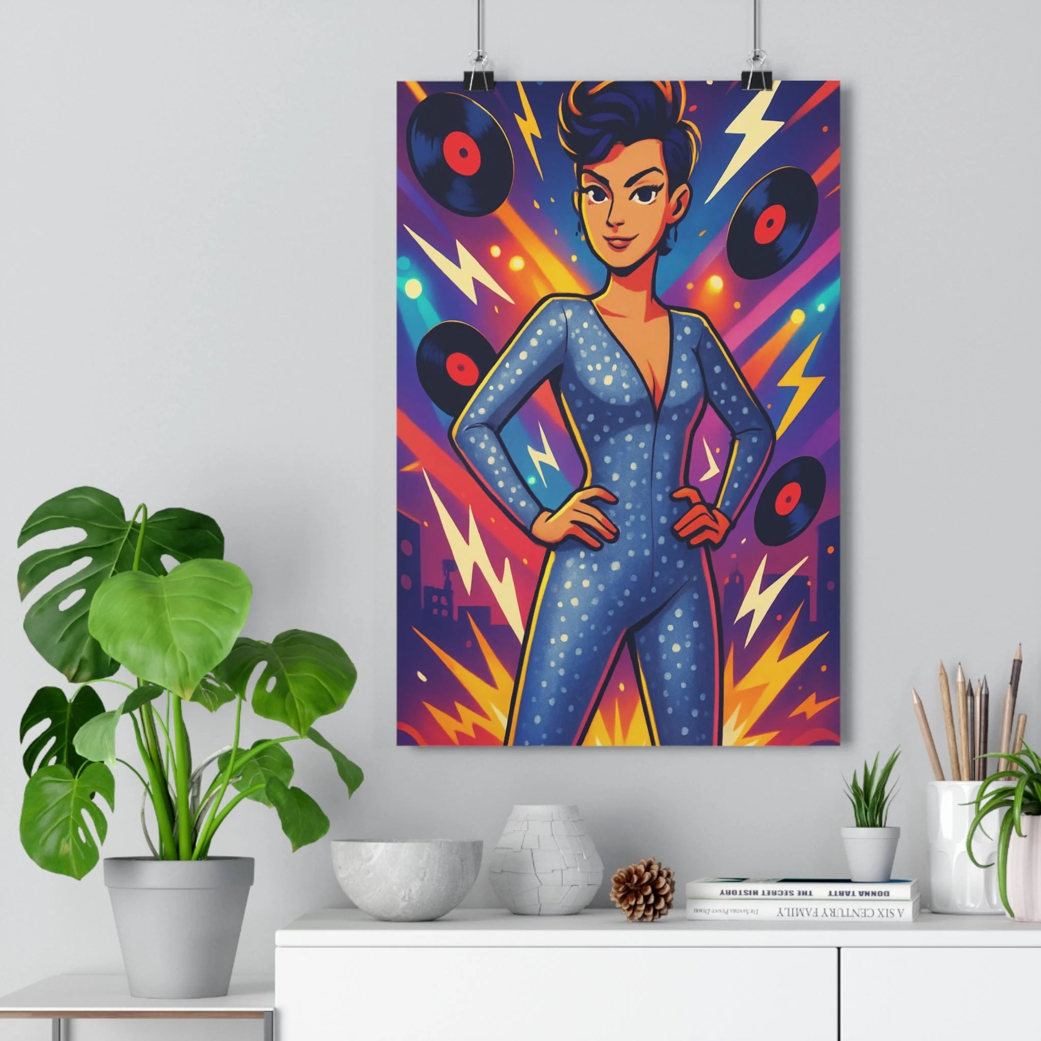 Poster décoratif glamour électrique anime moderne bleu violet orange dynamique féminin salon tendance éclair