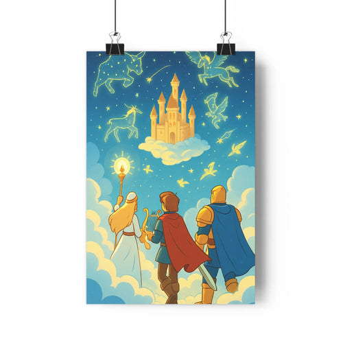 Poster magique personnages capes bleues rouges créatures licorne oiseaux ailés château doré nuages ciel étoiles cartoon lumineux chambre salon