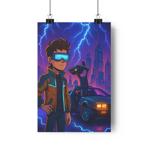 Poster moderne futuriste voiture sportive éclair foudre lunettes réalité augmentée manteau jeune homme gratte-ciels urbains étagères livres plante verte ambiance