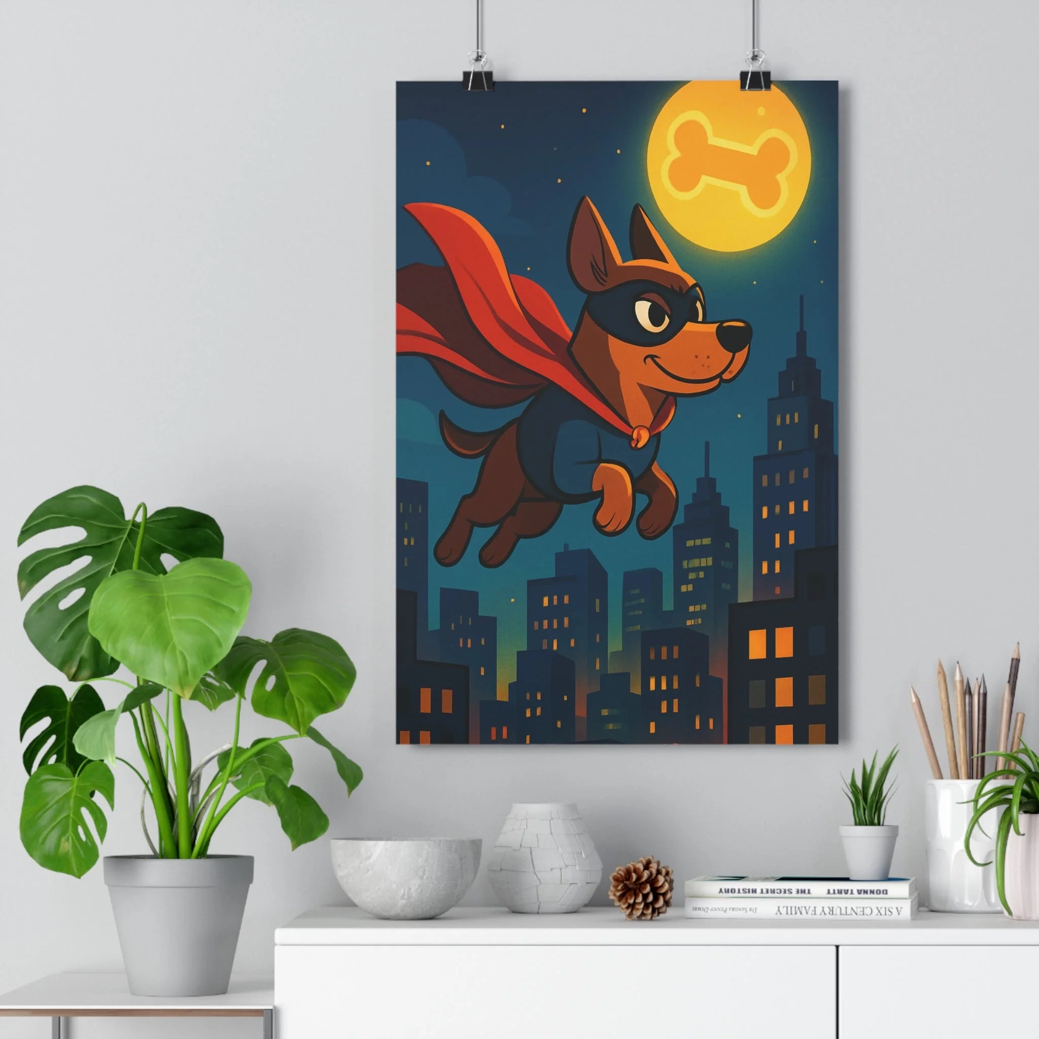 Poster décoratif chien superhéros volant nocturne urbain animé rouge noir amusant chambre enfant qualité