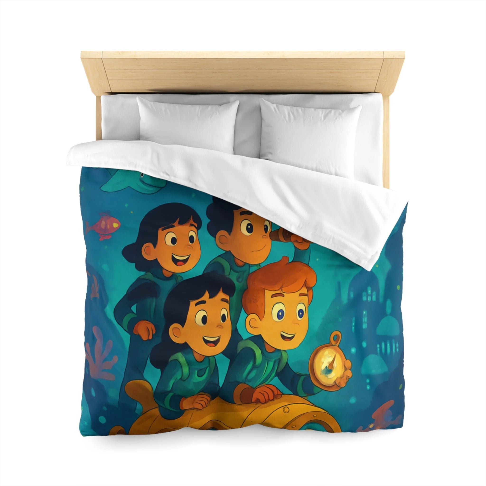 Housse de couette sous-marine avec enfants explorateurs et animaux marins joyeux