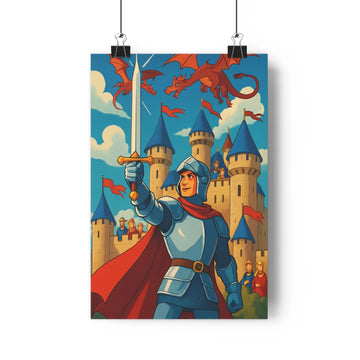 Poster chevalier épée dragons château tours bleu rouge nuages aventure cartoon dynamique romantique chambre salon