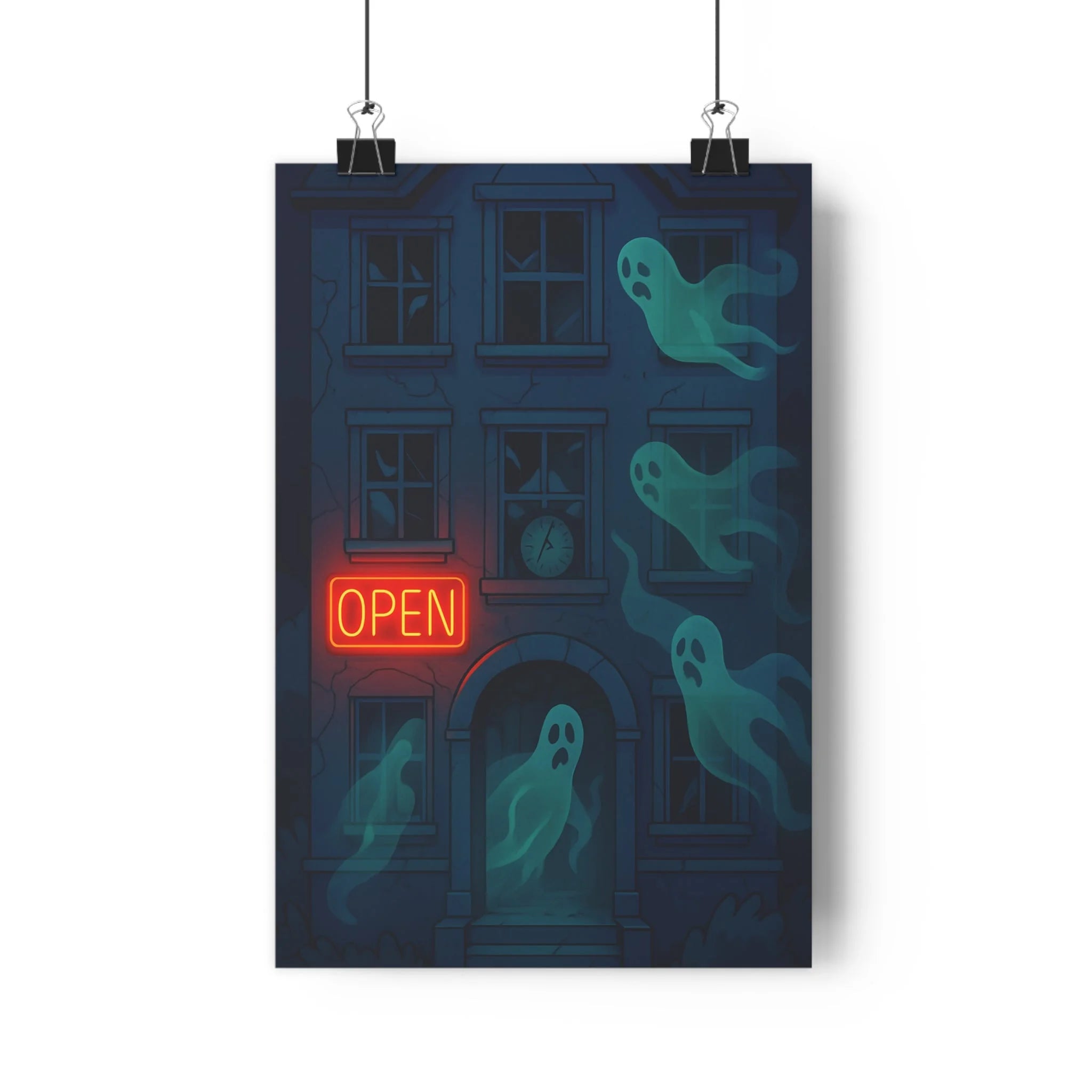 Poster décoratif dessin animé rétro horreur sombre mystique fantômes sépia mystérieux maison hantée chambre