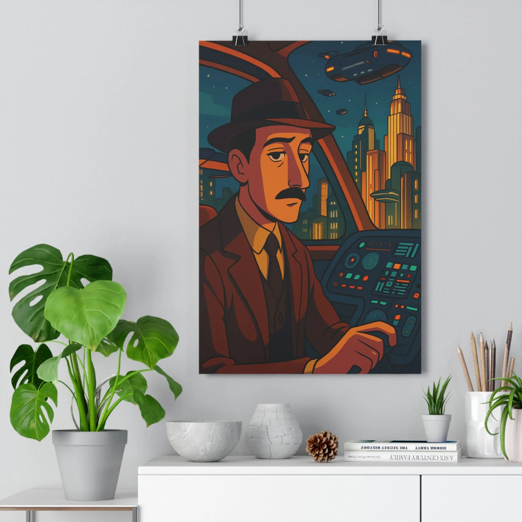 Poster décoratif rétro futuriste bleu chaud art déco salon bureau taxi volant 30x46 qualité