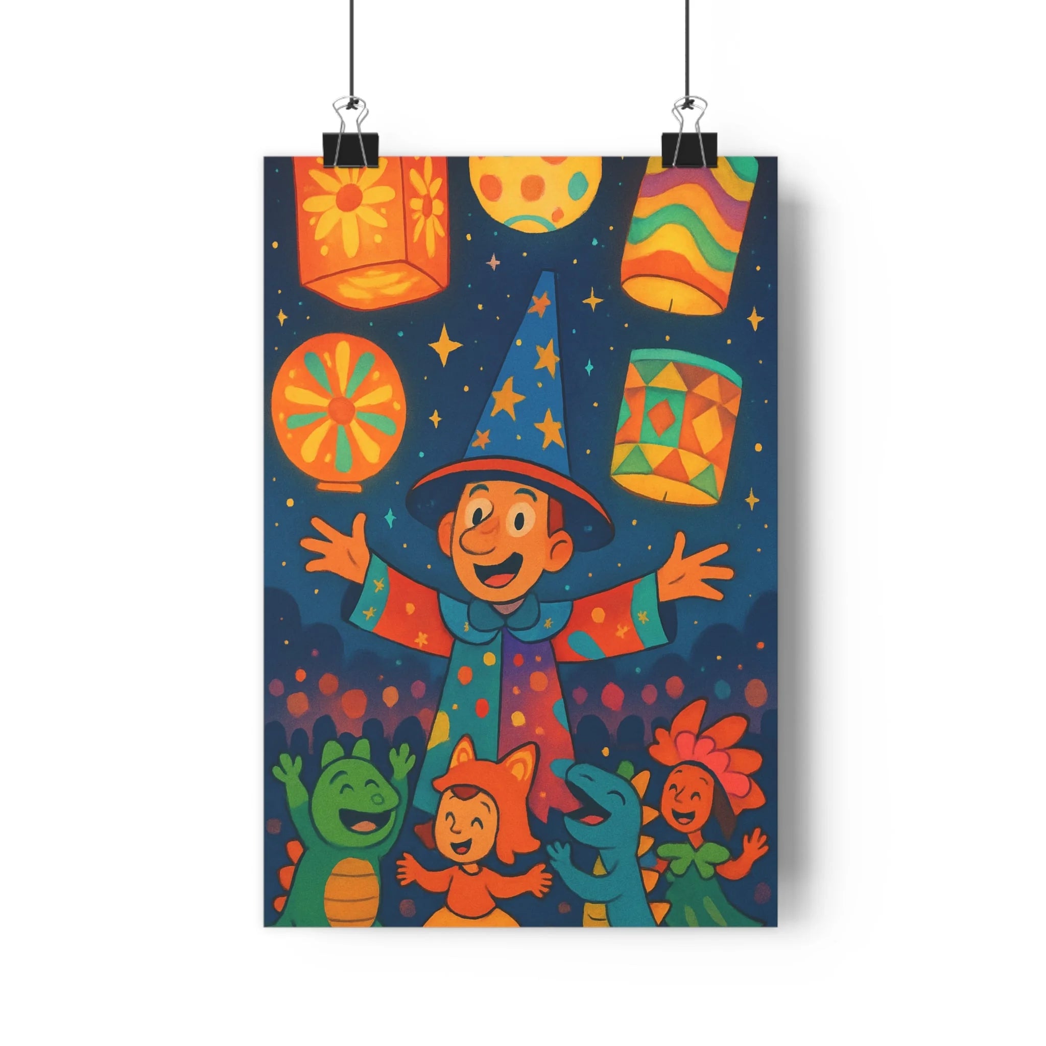 Poster décoratif enchanteur bleu orange vert jaune joyeux enfant chambre festival magique lanternes créatif
