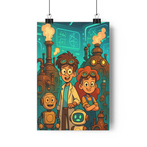 Poster scientifique enfants lunettes protection machines vapeur tuyaux panneaux lumineux labo industrie bleu vert jaune cartoon aventure exploration chambre bureau