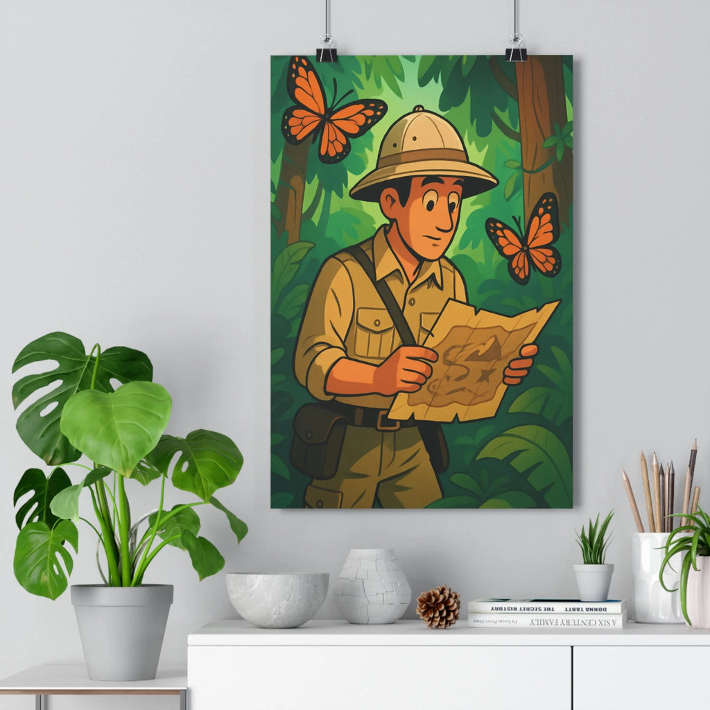 Poster décoratif rétro vert orange aventure jungle explorateur carte papillons chambre bureau 30x46 élégant
