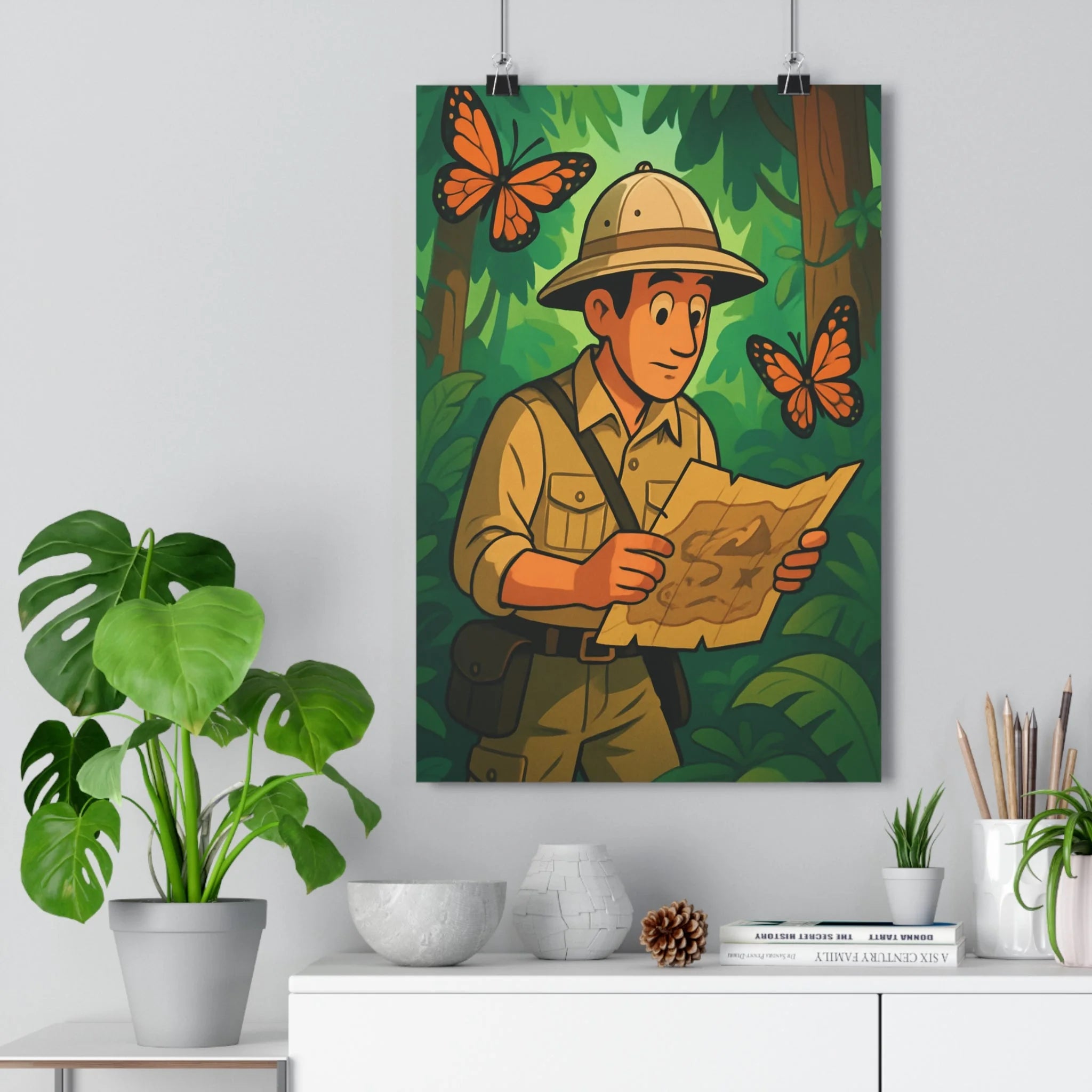 Poster décoratif rétro vert orange aventure jungle explorateur carte papillons chambre bureau 30x46 élégant
