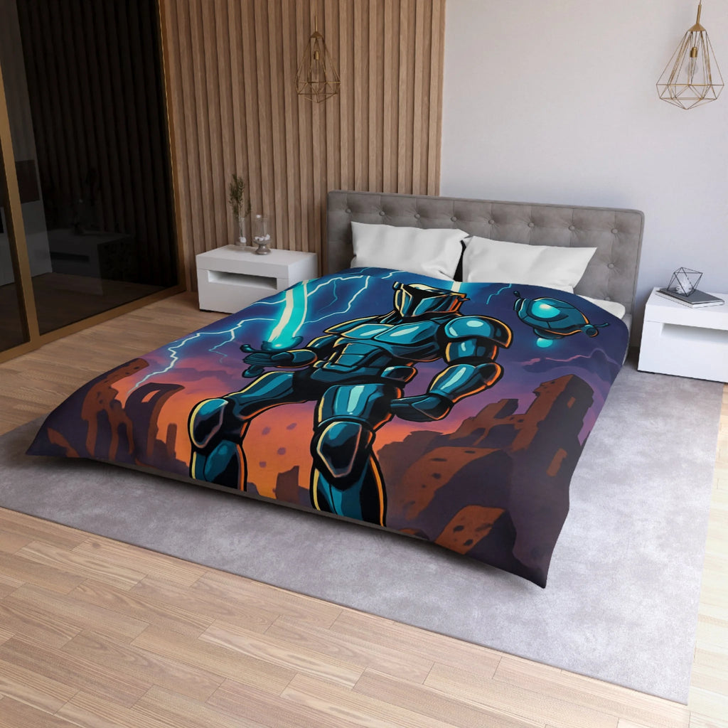 Housse de Couette Sci-Fi avec Guerrier en Armure et Paysage Apocalyptique