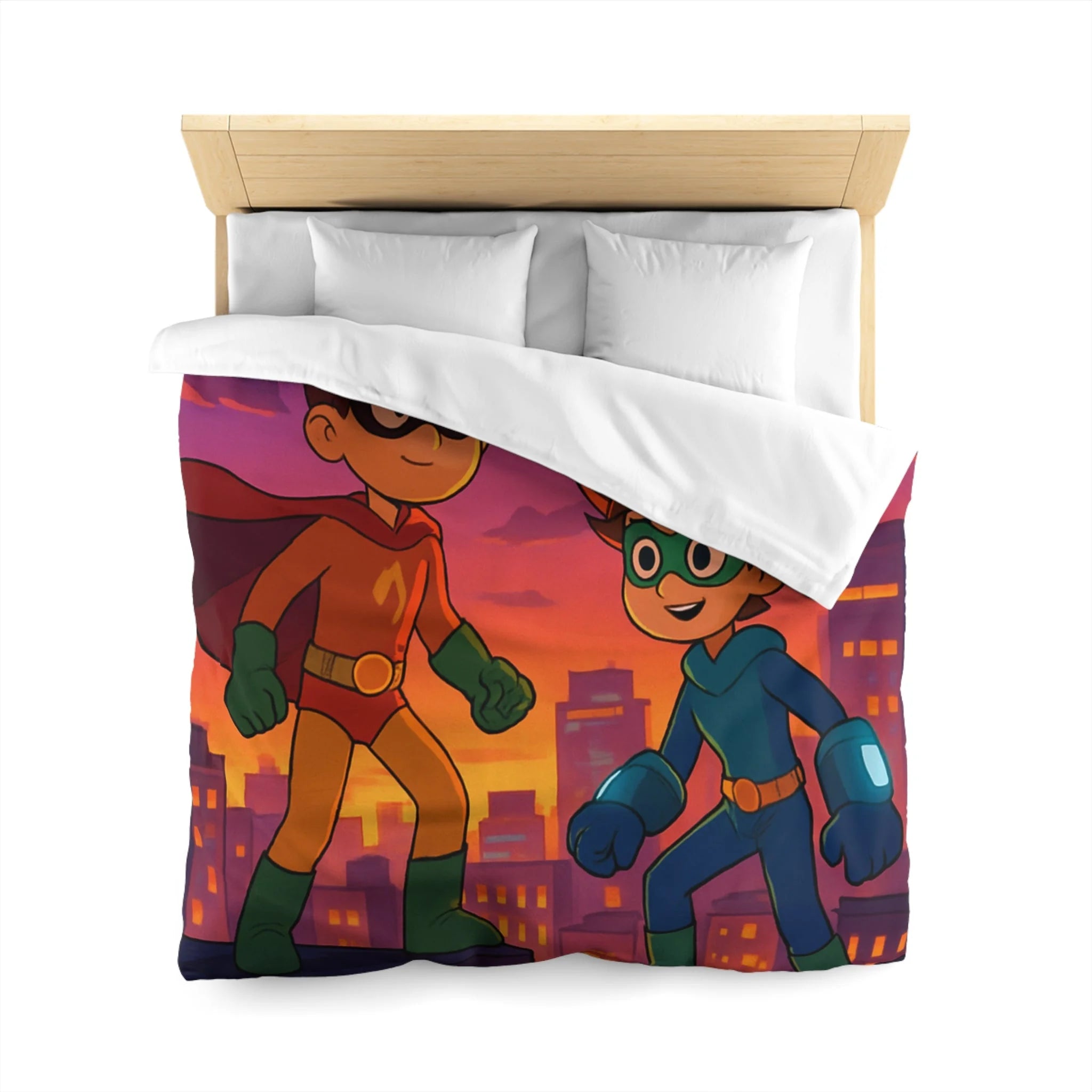 Housse de couette pour enfants avec deux jeunes super-héros au coucher du soleil