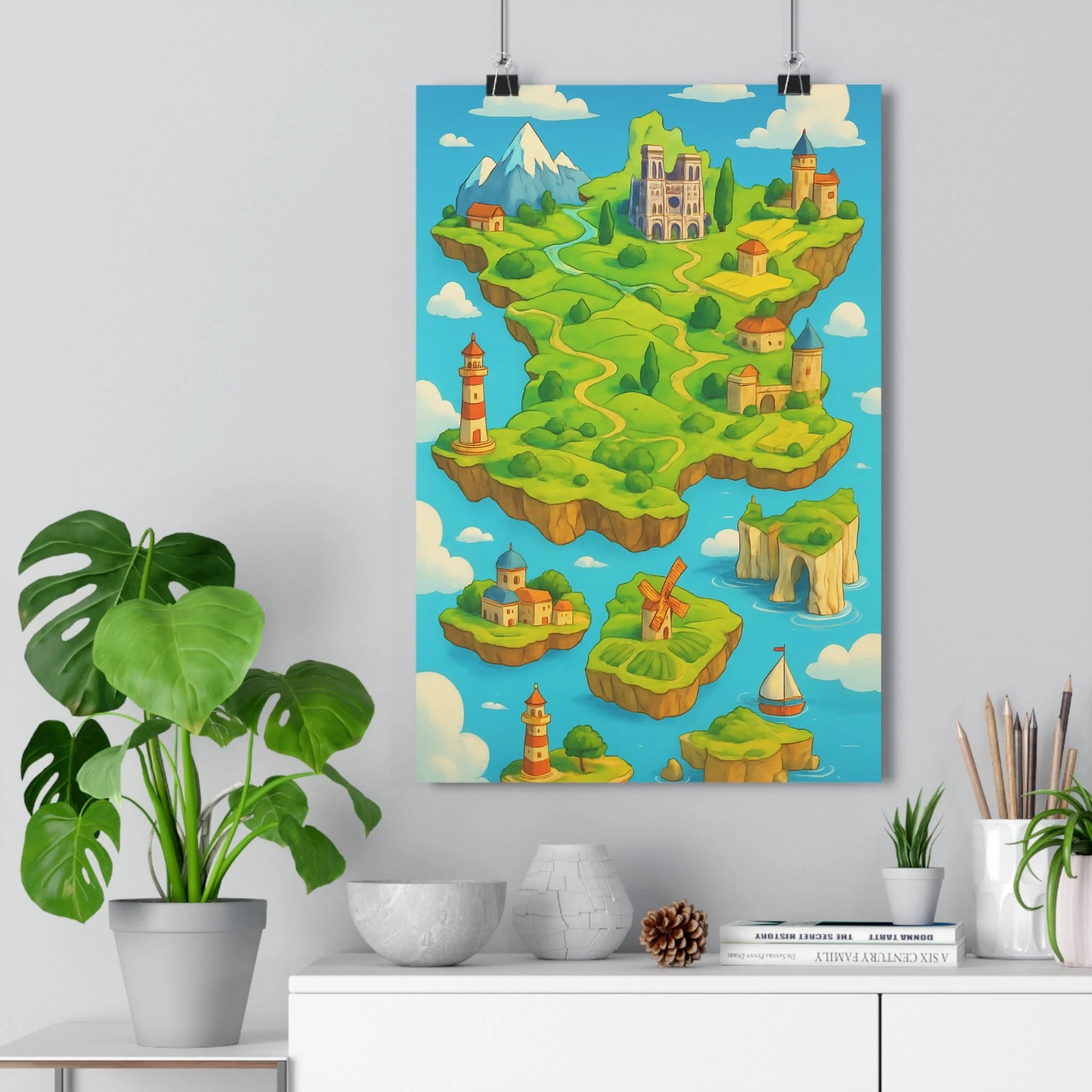 Poster décoratif carte France onirique vert bleu blanc salon chambre paysage fantastique 30x46 qualité