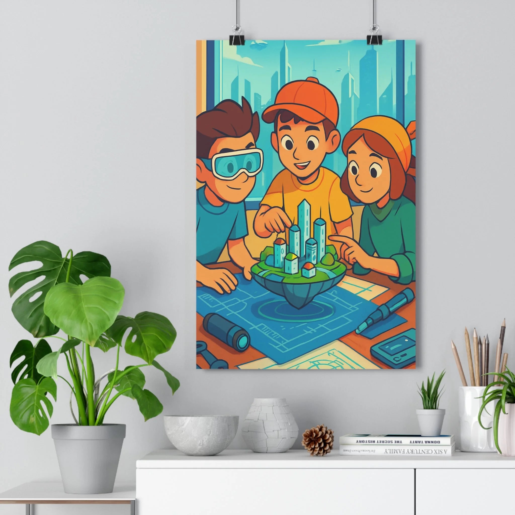 Poster décoratif anime collaboratif bleu vert orange joyeux salon chambre design visionnaire dynamique enfant