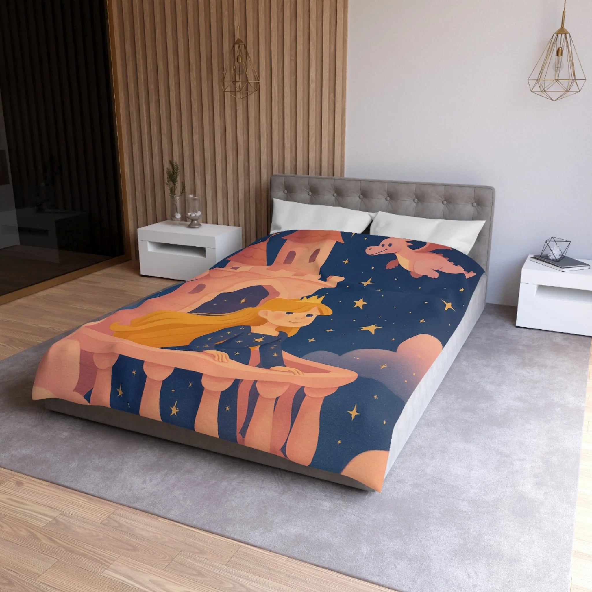 Housse de couette princesse rêveuse château et dragon volant étoiles scintillantes nuit