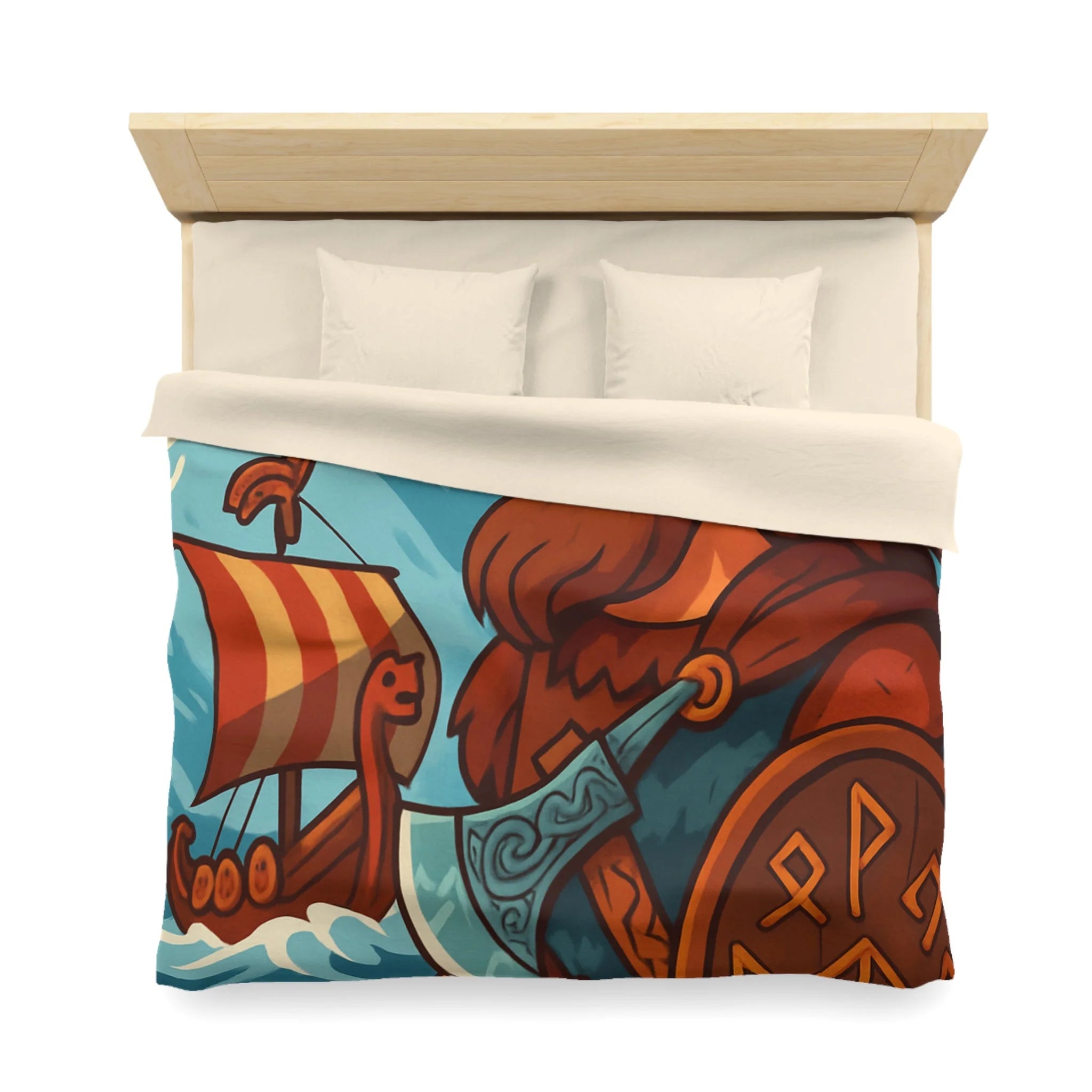 Housse de couette viking avec guerrier, montagne, navire, mer, motifs runiques