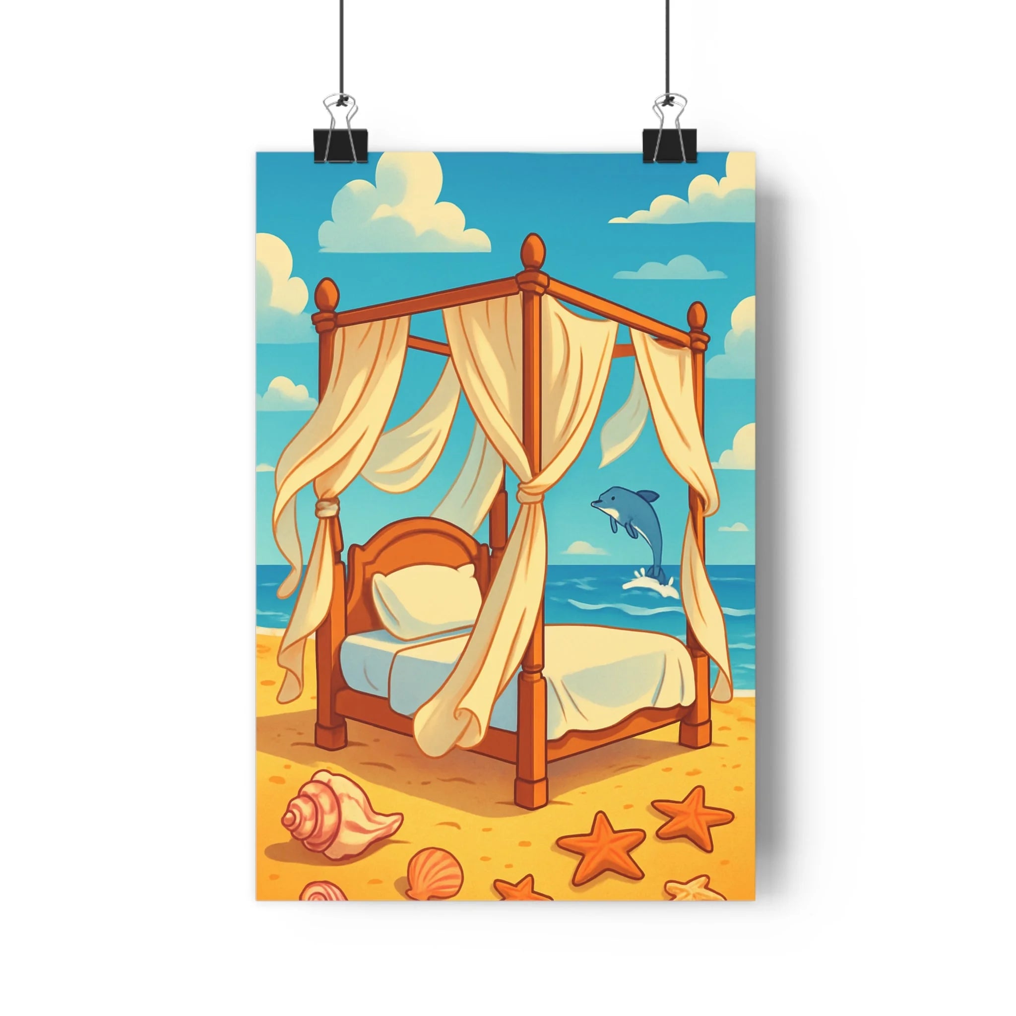 Poster décoratif tropical bleu beige corail cartoon plage relaxant chambre enfant exotique artistique joyeux