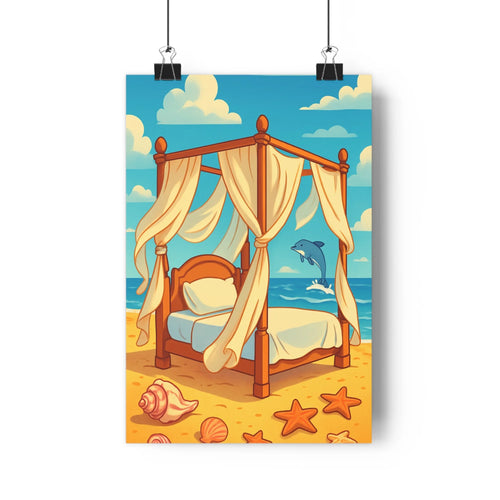 Poster tropical lit plage coquillages dauphin océan nuages blancs bleus étoiles de mer sable doré cartoon léger fantastique chambre enfant