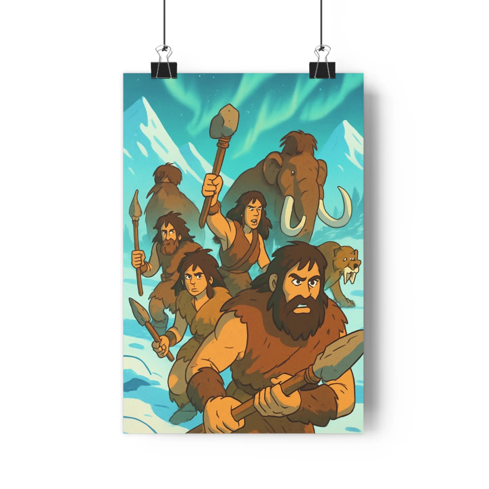 Poster décoratif cartoon préhistorique aventure épique enfant chambre salon montagne neige guerriers mammouth tigre