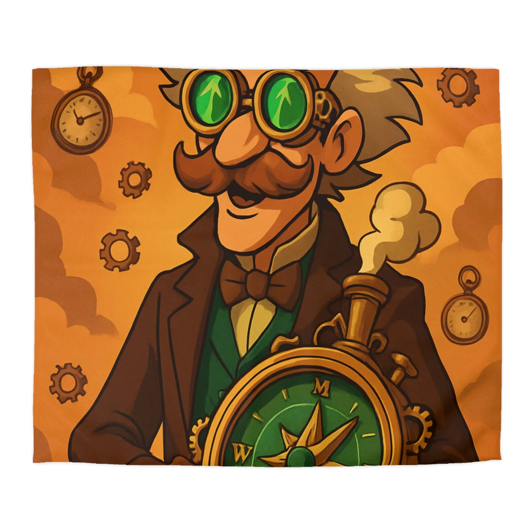 Housse de Couette Steampunk Vintage avec Boussole, Savant et Montgolfières sur Fond Sépia