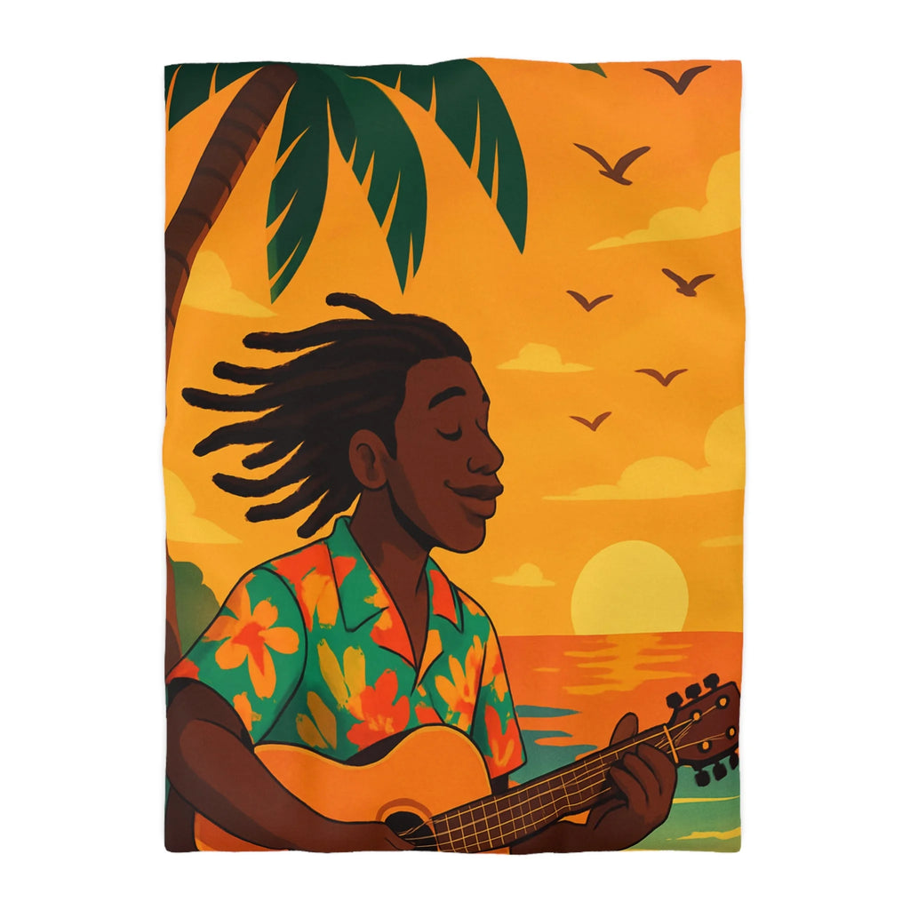 Housse de couette tropicale avec musique, coucher de soleil et palmiers exotiques pour chambre