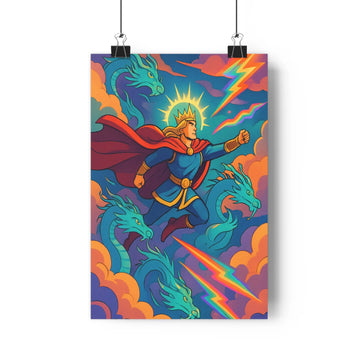 Poster épique homme costumé cape dragons ciel coloré nuages éclairs couronne vibrant fantastique puissant chambre bureau