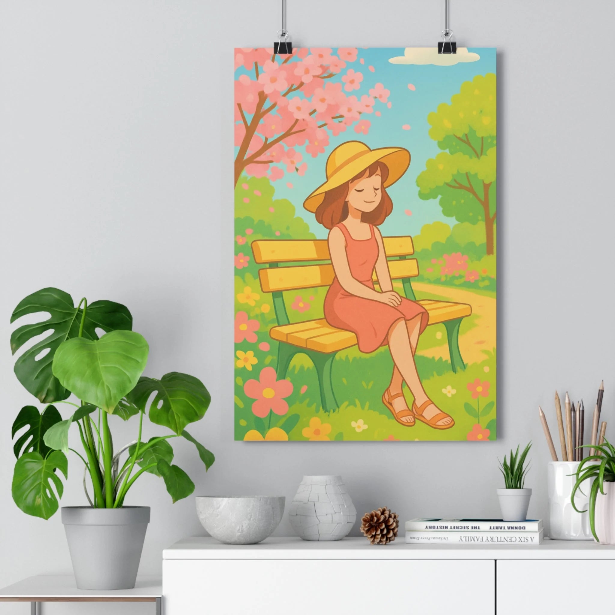 Poster décoratif anime pastel jeune femme fleurs colorées salon chambre ambiance paisible élégante qualité