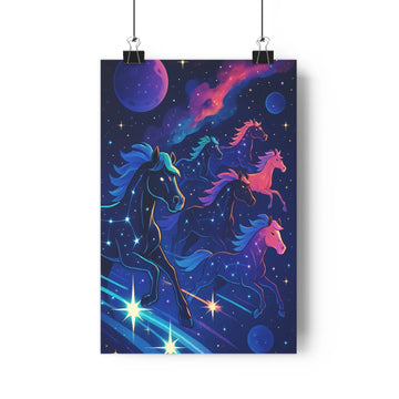 Poster fantastique chevaux galopants nuit étoiles lune bleu violet doré moderne fluides libre vitesse romantique chambre enfants salon