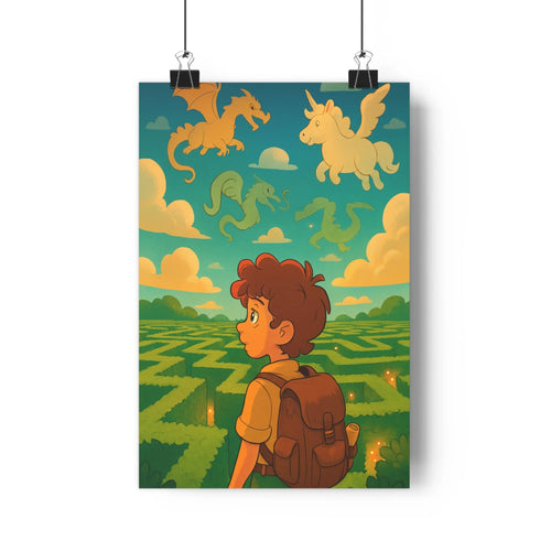 Poster aventure explorateur créatures fantastiques plaines maïs ciel nuages joyeuse magique cartoon contours nets couleurs vives ambiance lumineuse chambre enfants