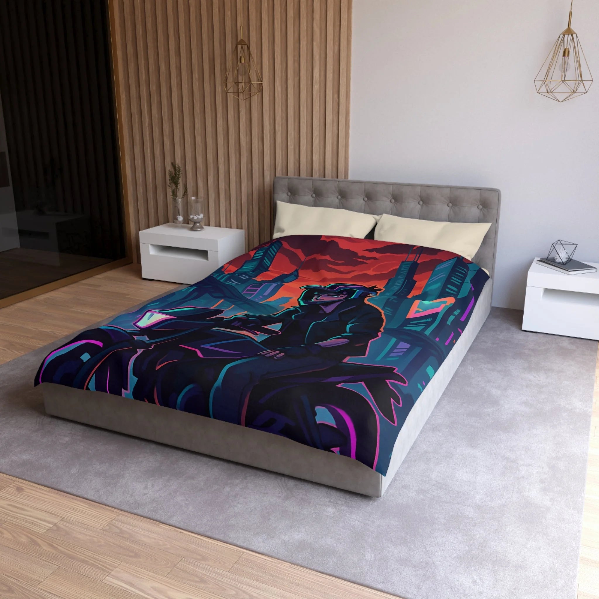 Housse de couette urbaine avec motard futuriste dans une ville de néons colorés