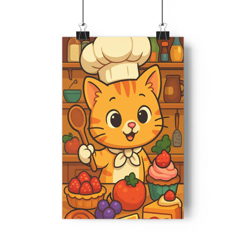 Poster chat chef fruits desserts cuisine joyeuse cartoon coloré ombres douces étagères pots bouteilles conviviale chambre salon