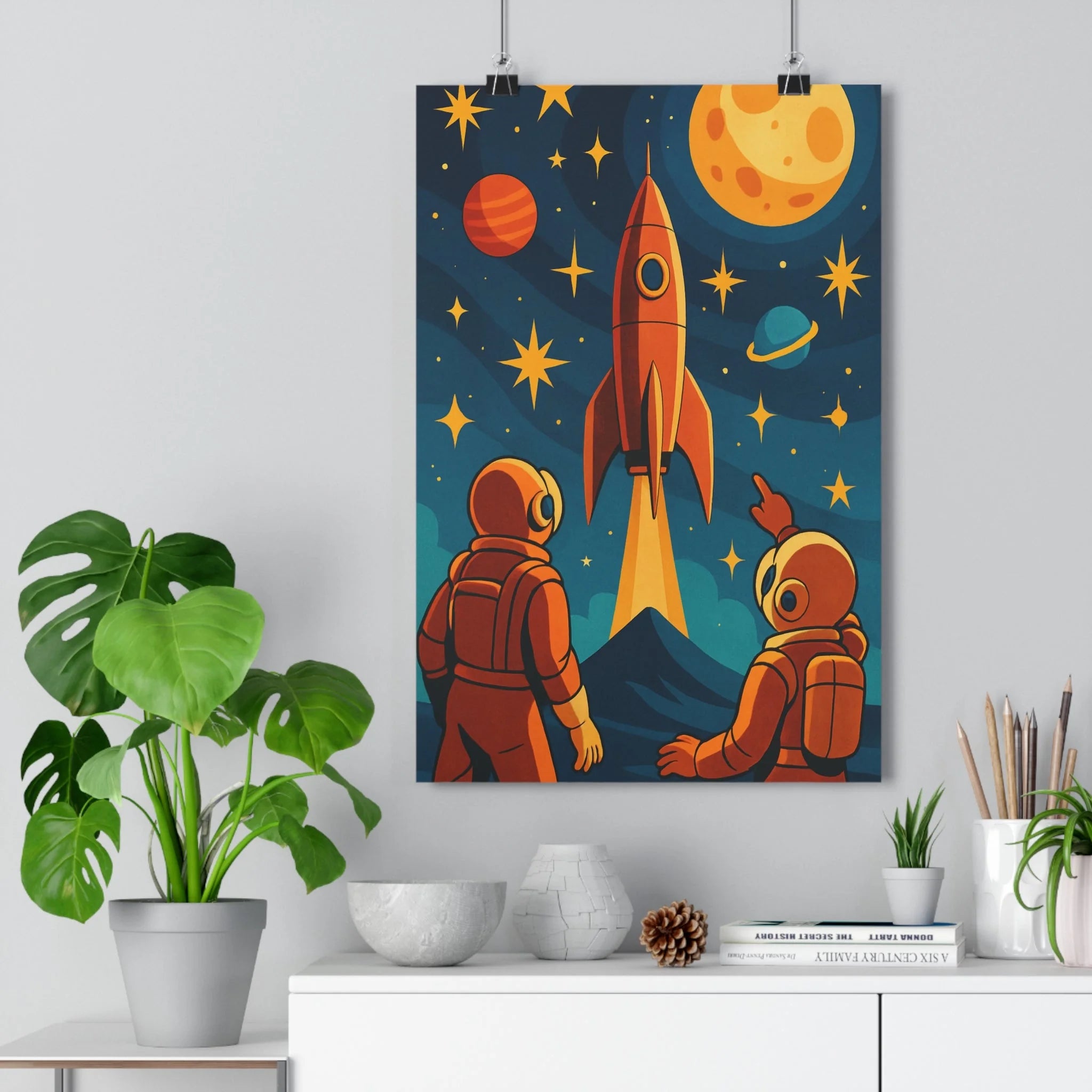 Poster décoratif art déco jaune orange bleu aventure espace chambre salon rêve original unique