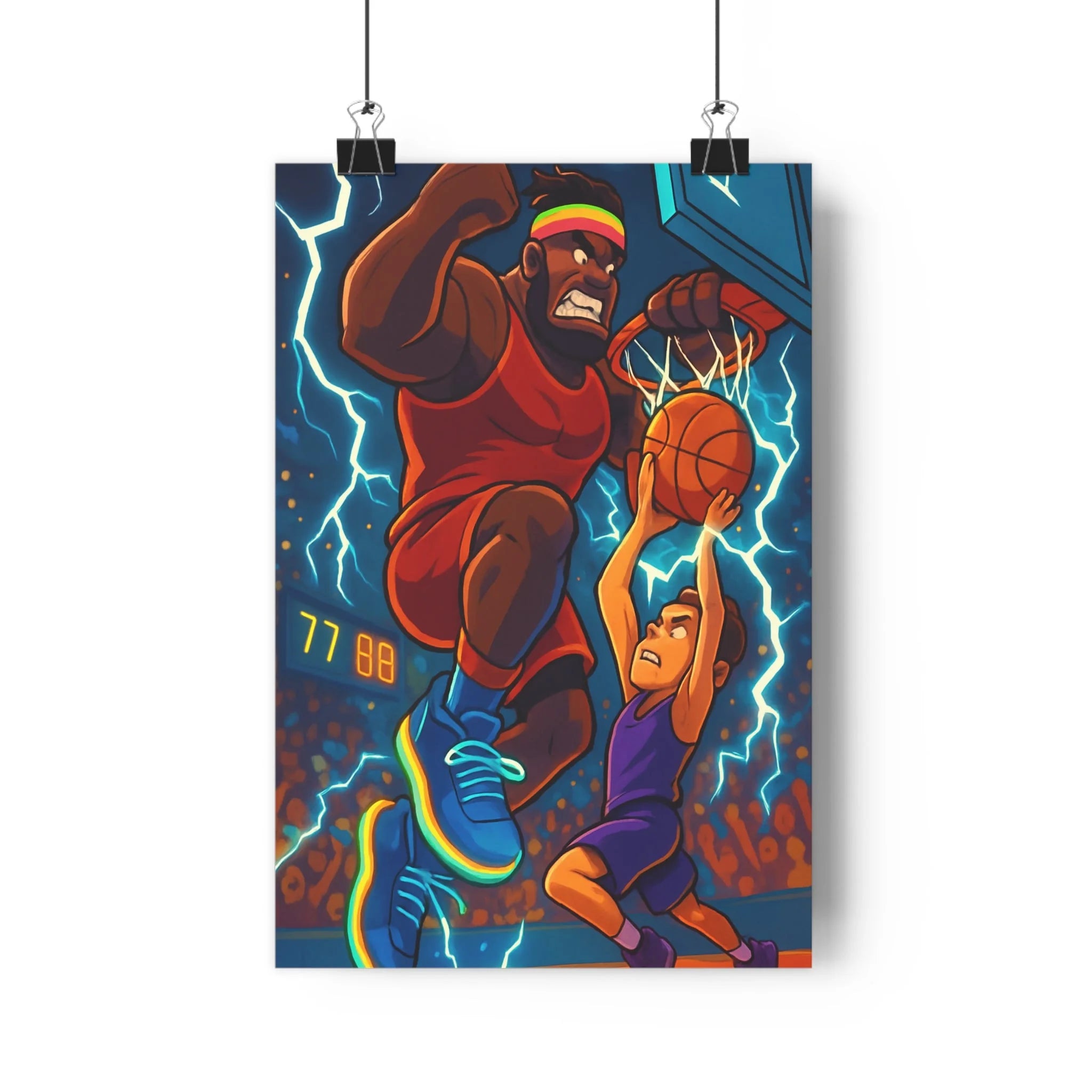 Poster décoratif basketball rouge violet intense dynamique sport chambre jeu ambiance électrique format 30x46