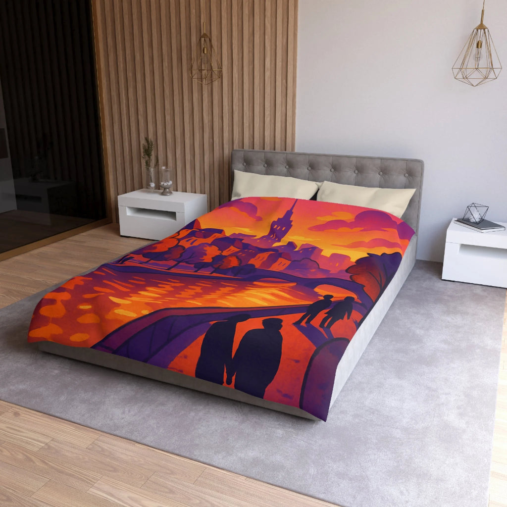 Vibrant paysage urbain crépusculaire avec silhouettes et rivière pour housse de couette