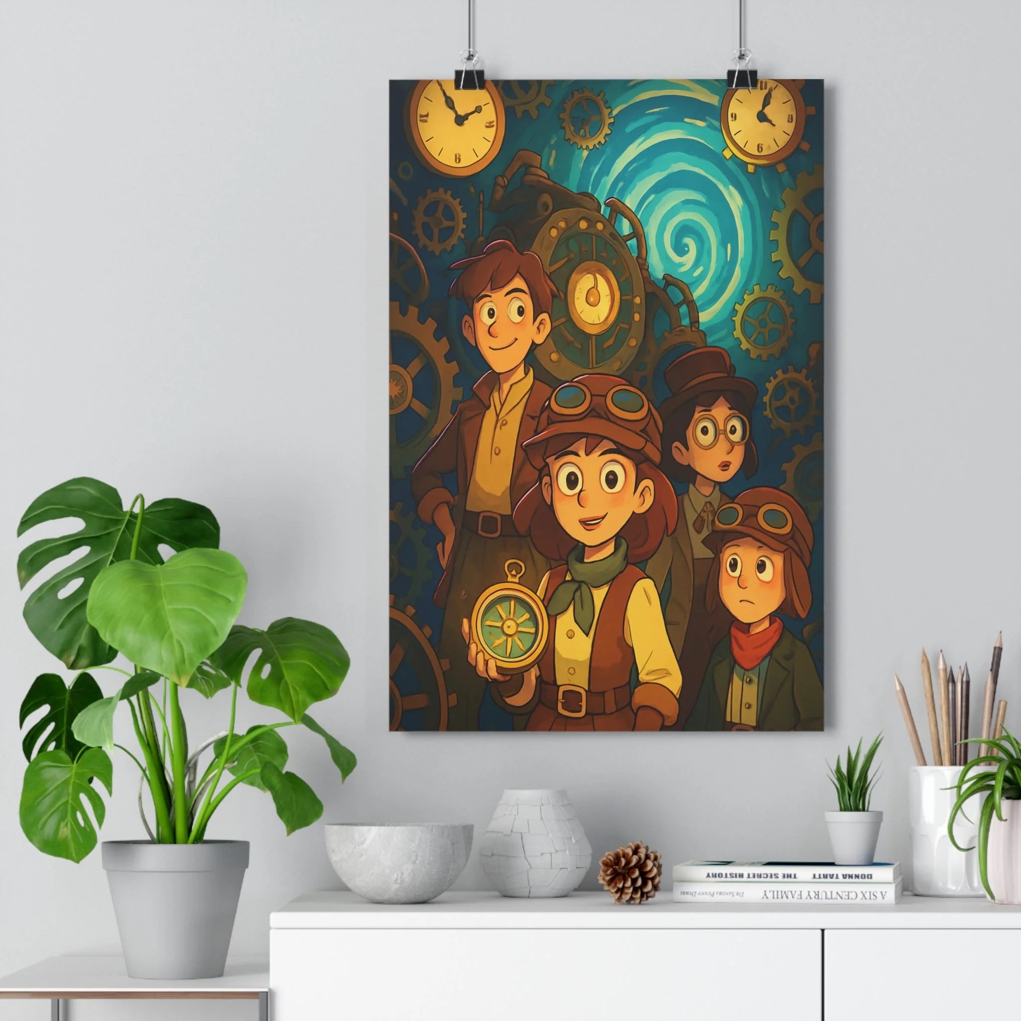 Poster décoratif steampunk aventure horlogerie bleu doré cartoon enfants salon dynamique intrigant moderne qualité