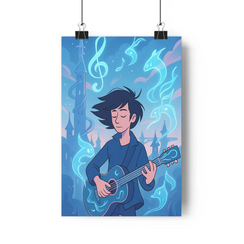 Poster moderne guitariste notes musicales fumée bleue châteaux ciel fantastique ambiance inspirante bleu clair détails fluides chambre salon
