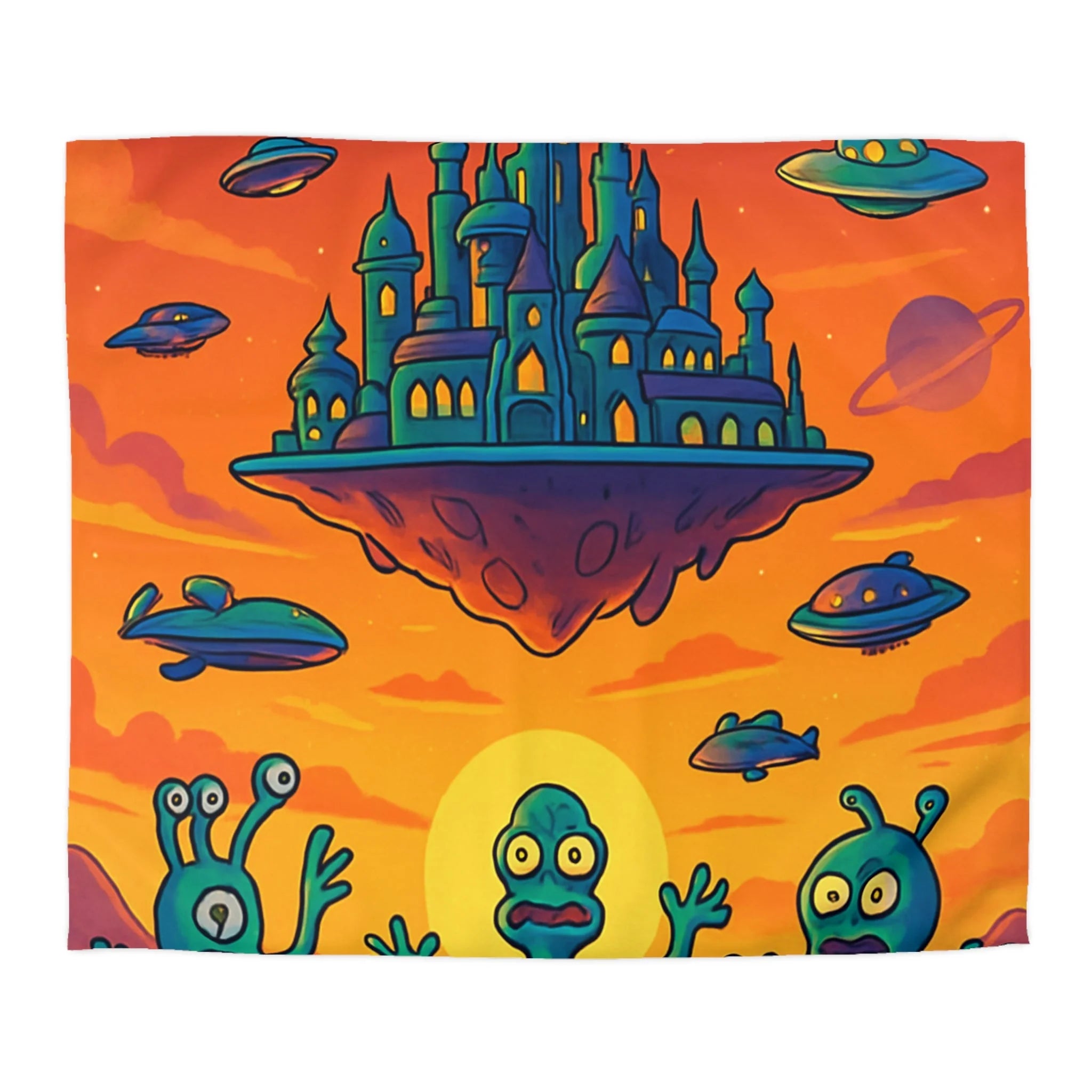 Housse de couette sur thème extraterrestre avec château flottant et OVNI colorés