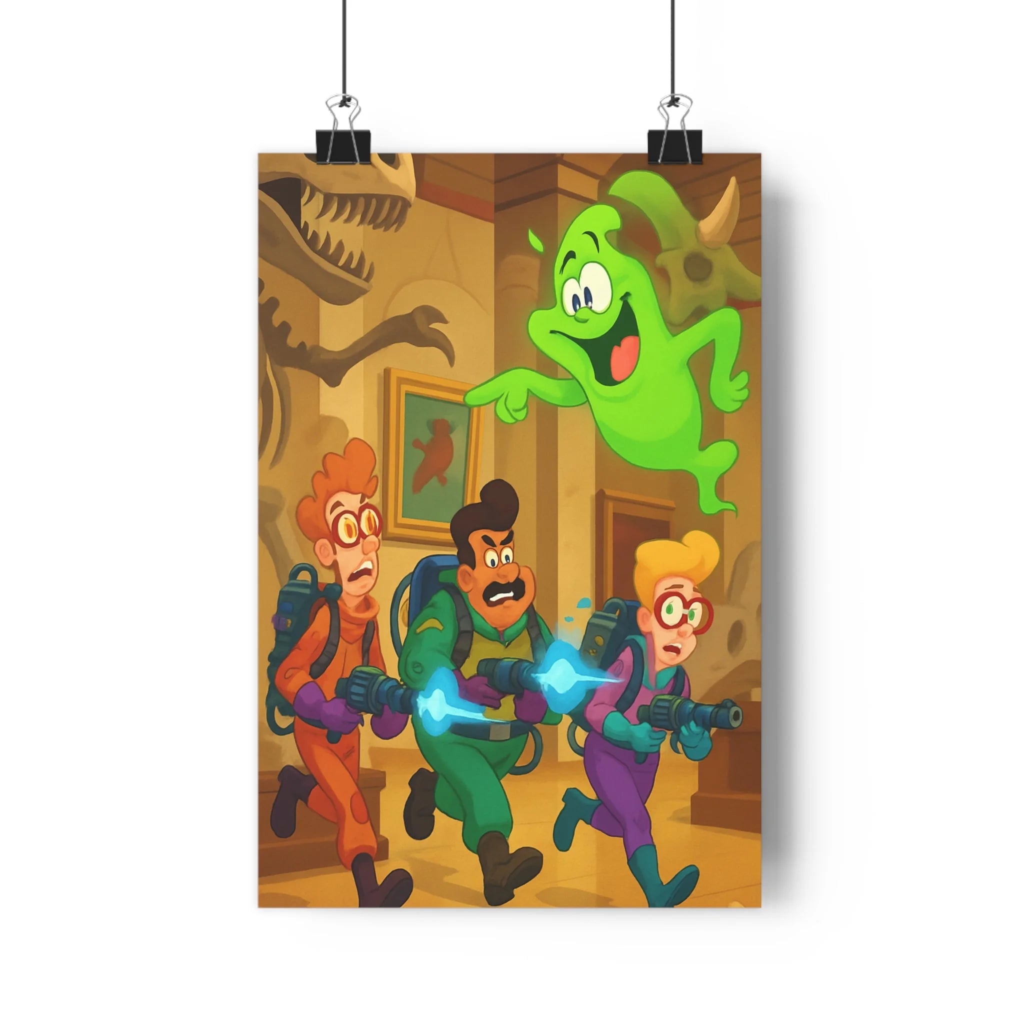 Poster décoratif comique chasse fantômes coloré vert humoristique bande dessinée ludique chambre amusant vibrant