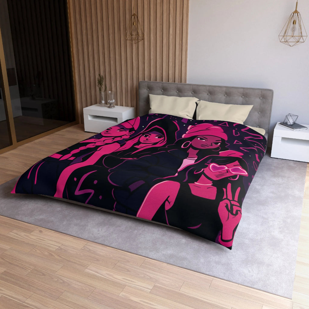Housse de couette urbaine avec silhouettes féminines et motifs fluorescents nuit étoilée